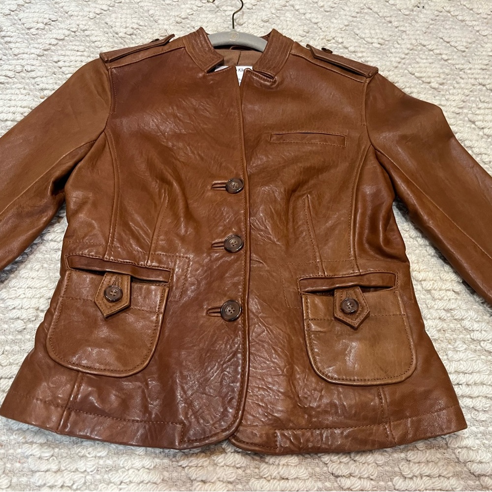 WOMENS CALVIN KLEIN CAMEL LEATHER JACKET, XS